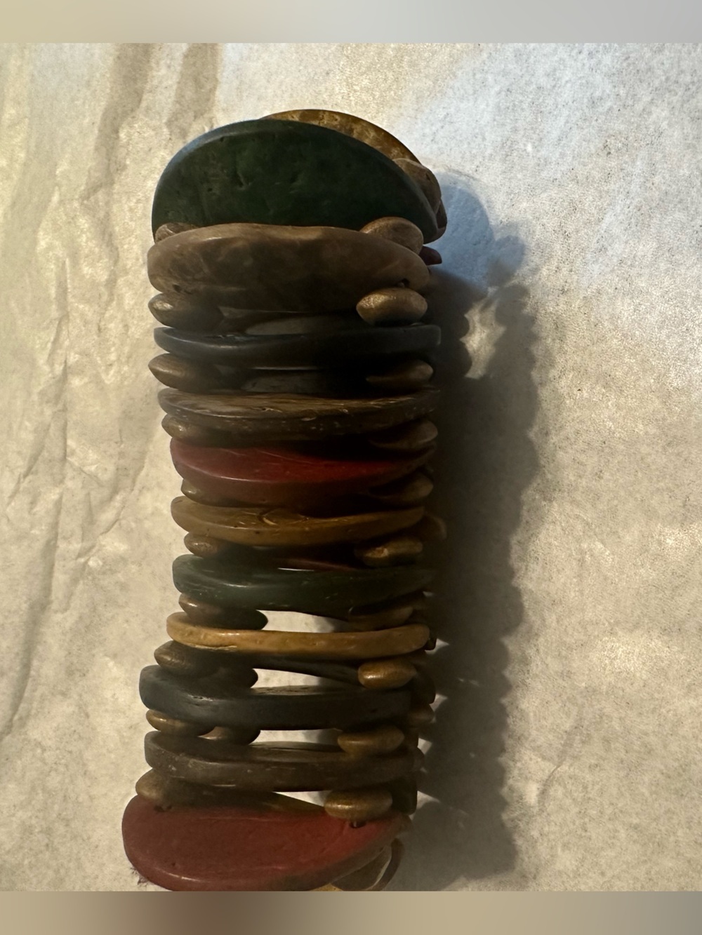 Vintage Multicolor Wooden Disc Stretch Bracelet - Red, Green, Brown